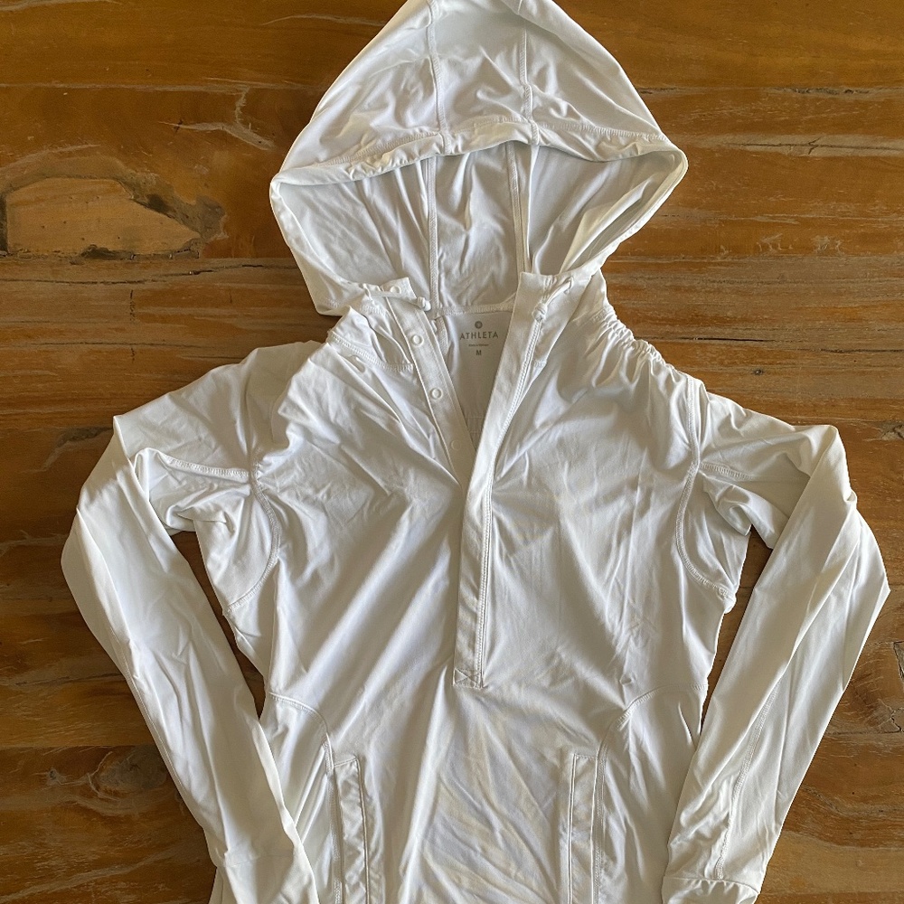 Athleta Hoodie Womens Medium White Solana Sun Beach UPF Snap Up